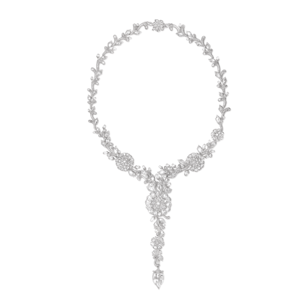 Opulent Diamond Floral Cluster Necklace, set with 48.44 carats oval and pear-shaped rose cut diamonds, drop-shaped briolette-cut diamonds, and round brilliant-cut diamonds. A handmade masterpiece