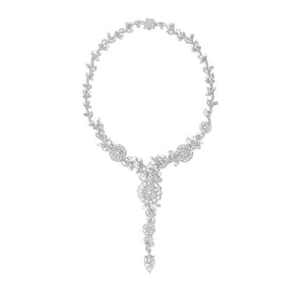 Opulent Diamond Floral Cluster Necklace, set with 48.44 carats oval and pear-shaped rose cut diamonds, drop-shaped briolette-cut diamonds, and round brilliant-cut diamonds. A handmade masterpiece