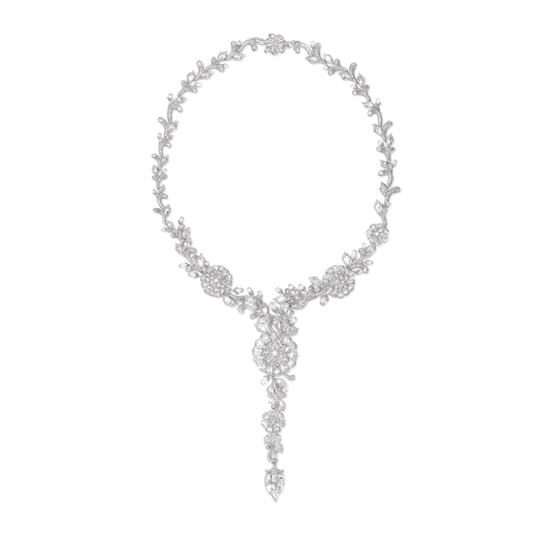 Opulent Diamond Floral Cluster Necklace, set with 48.44 carats oval and pear-shaped rose cut diamonds, drop-shaped briolette-cut diamonds, and round brilliant-cut diamonds. A handmade masterpiece