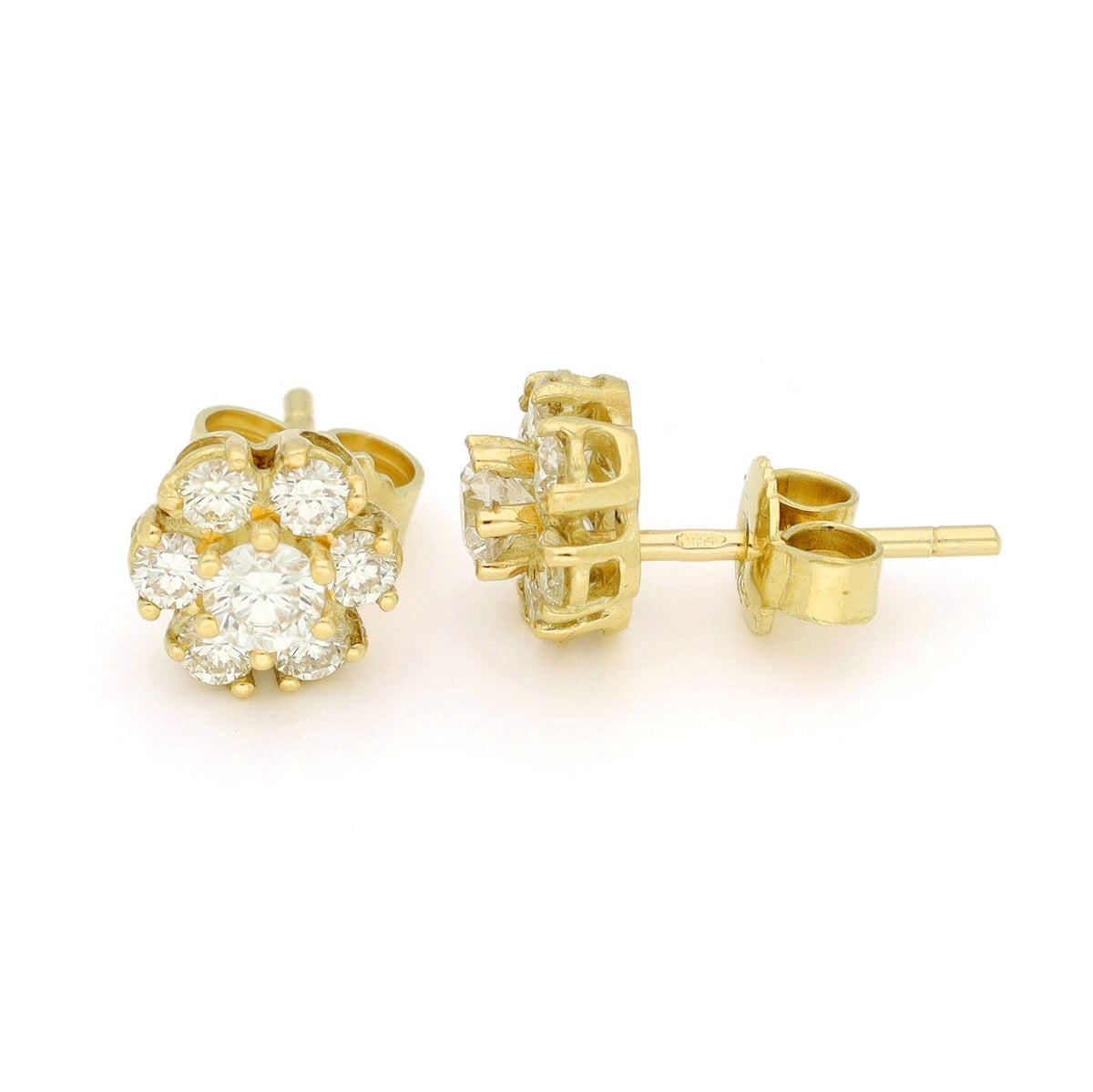 Vintage 14 Carat Yellow Gold Brilliant Cut Diamond Cluster Stud Earrings, 0.72 Carat