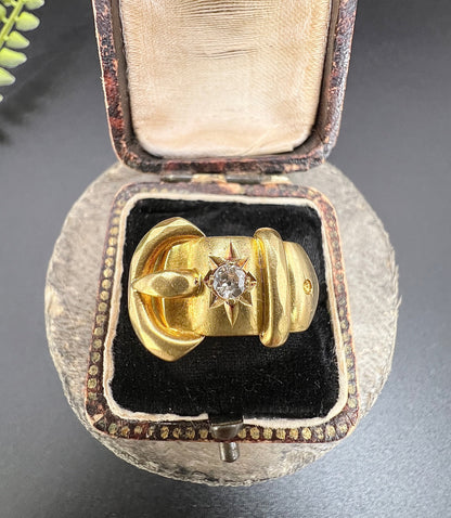 Antique 18 Carat Yellow Gold Star Set Diamond Buckle Ring, Hallmarked London 1915