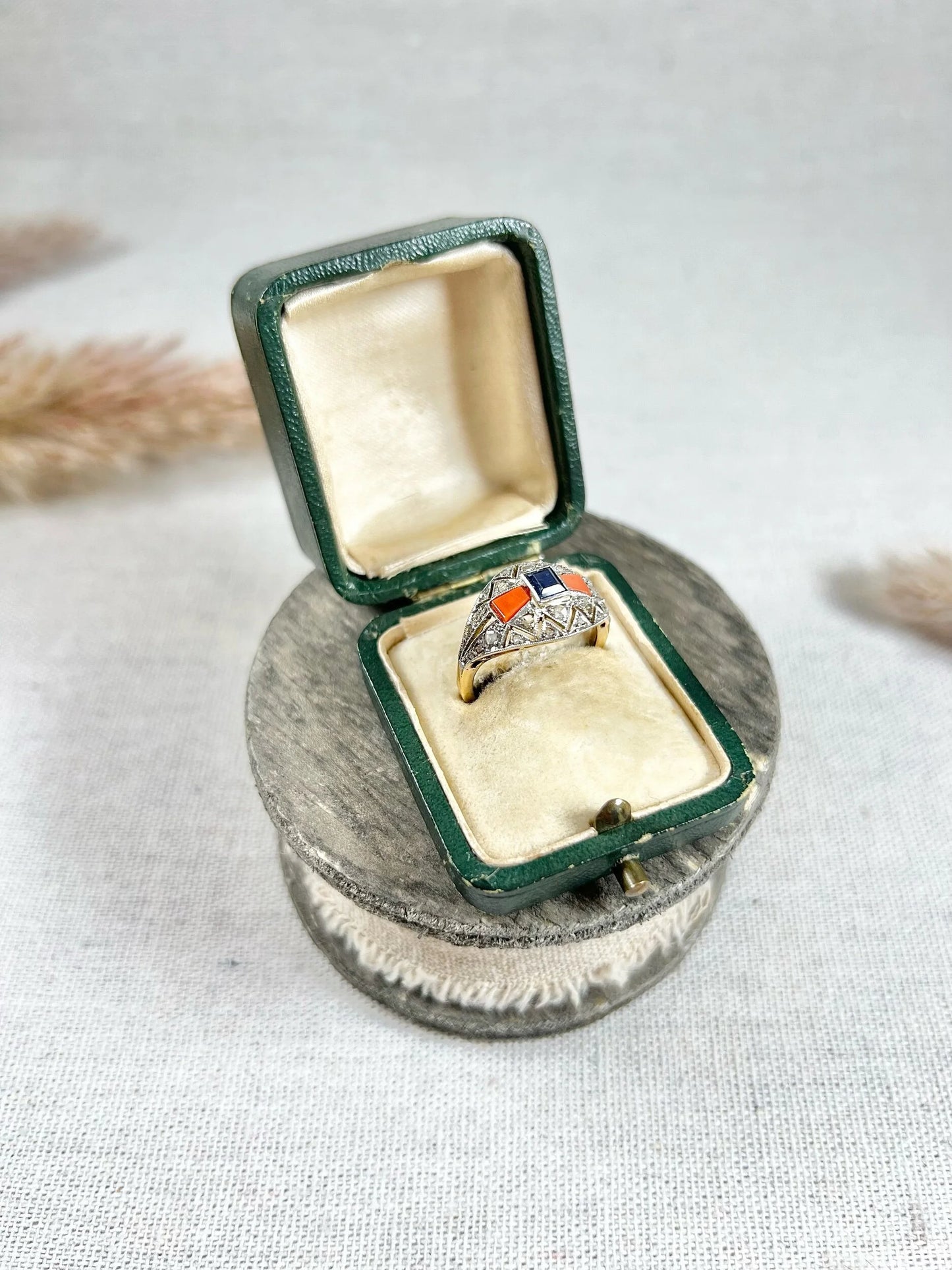 Antique 1920's Art Deco, 18 ct Gold And Platinum Sapphire, Coral And Diamond Dome Ring