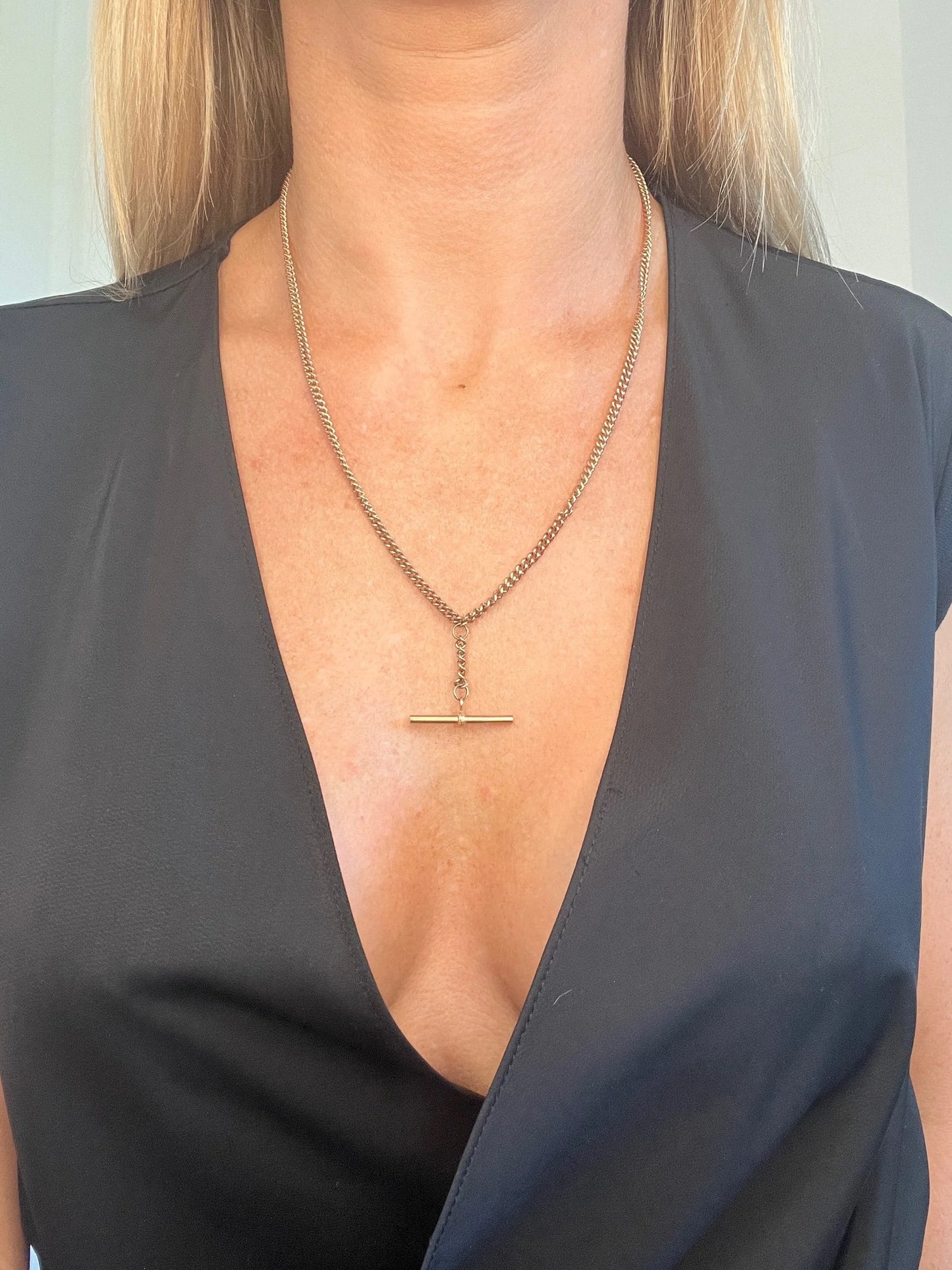 Antique 9 Carat Rose Gold Edwardian Link Albert Chain T-bar Necklace