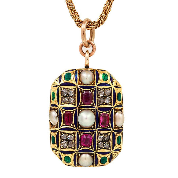 Victorian Diamond Ruby Pearl and Enamel Locket Pendant