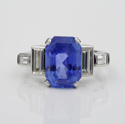 Vintage 6.36ct Certified No Heat Madagascan Sapphire and Diamond Ring in Platinum with GCS London Laboratory certificate
