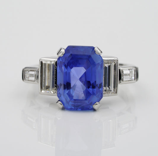 Vintage 6.36ct Certified No Heat Madagascan Sapphire and Diamond Ring in Platinum with GCS London Laboratory certificate