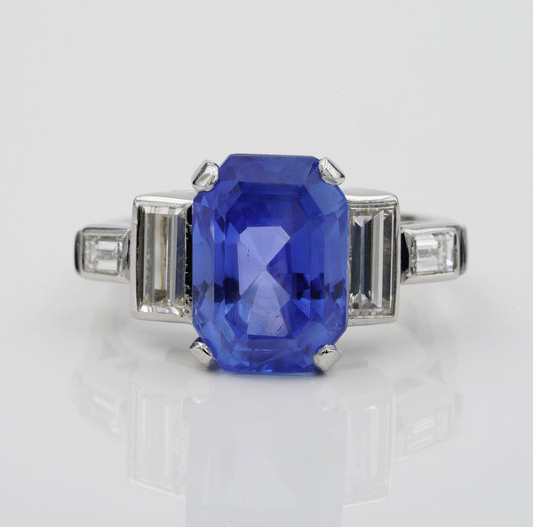 Vintage 6.36ct Certified No Heat Madagascan Sapphire and Diamond Ring in Platinum with GCS London Laboratory certificate