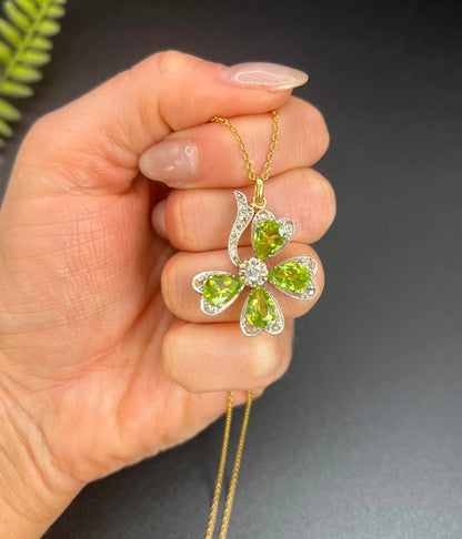 Edwardian Antique Peridot and Diamond Four Leaf Clover Pendant