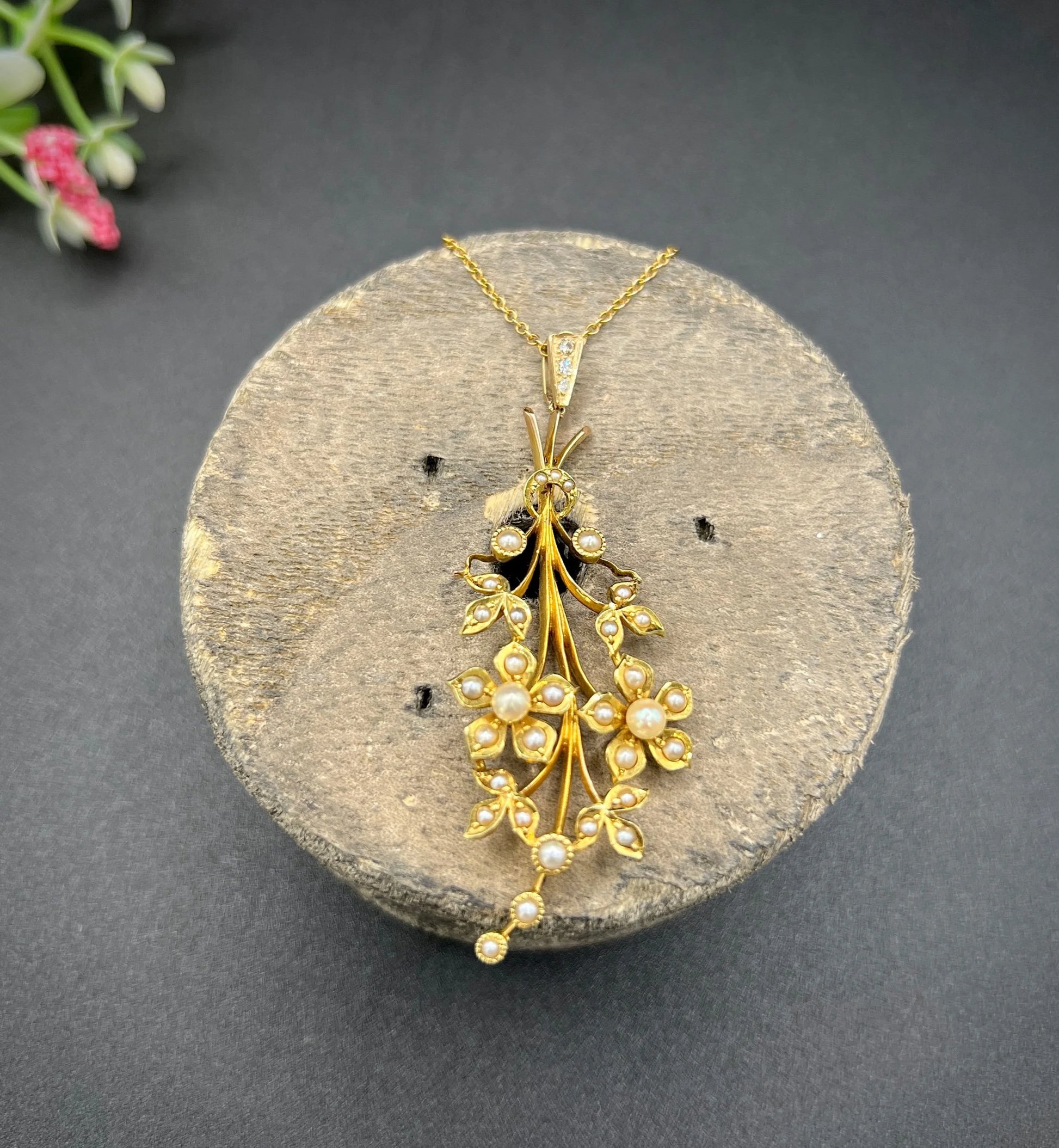 Antique 15 Carat Yellow Gold Pearl and Diamond Flower Spray Bouquet Pendant, Circa 1900