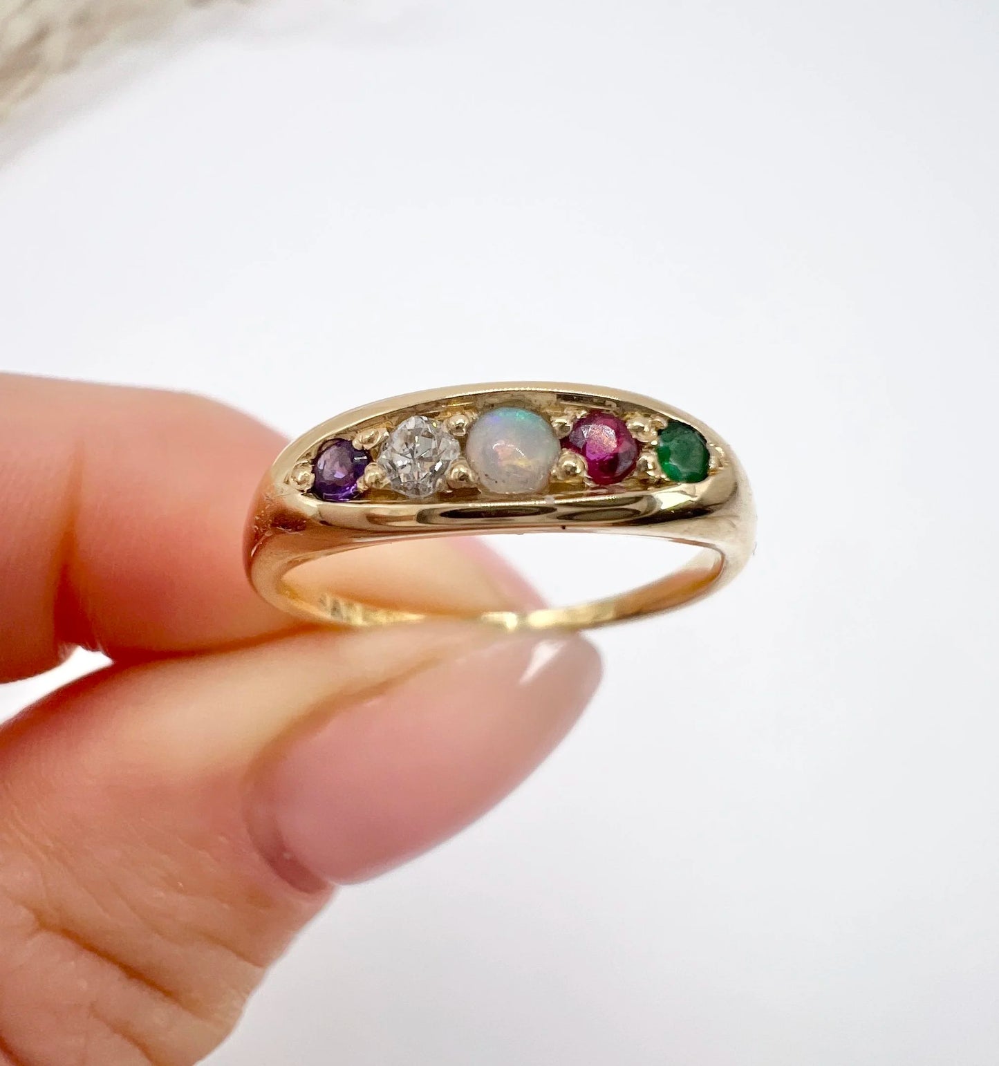 Antique 18ct Yellow Gold, Edwardian ADORE Amethyst, Diamond, Opal, Ruby & Emerald Boat Shaped Acrostic Ring, Hallmarked Birmingham