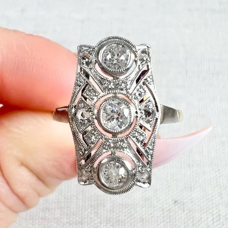 Edwardian Antique Old Cut Diamond Trilogy Cluster Plaque Ring in Platinum and 18ct Gold