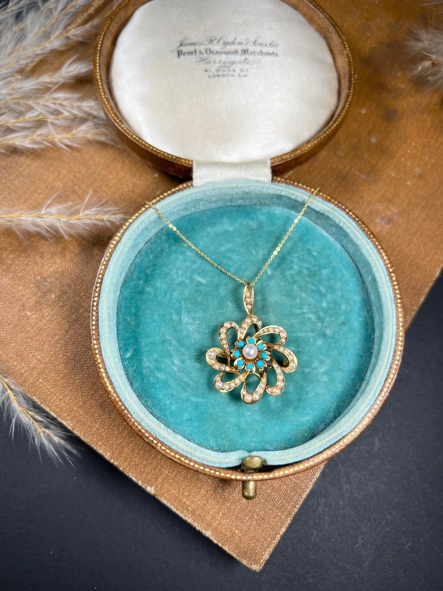 Antique 15ct Gold Edwardian Pearl & Turquoise Flower Pendant