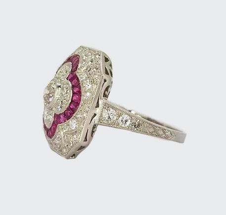 Ruby, Diamond and Platinum Panel Cluster Cocktail Ring