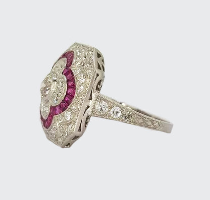Ruby, Diamond and Platinum Panel Cluster Cocktail Ring