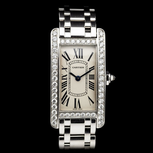 Cartier Tank Americaine 2489 White Gold Watch with Factory Diamonds and Cartier Service