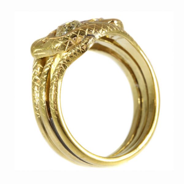 Late Victorian Old Cut Diamond and Ruby Snake Ring, 18ct Yellow Gold