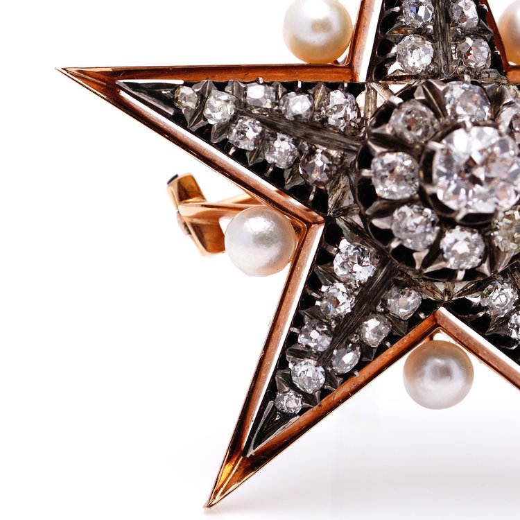 Antique Victorian Old Mine Cut Diamond and Pearl Star Brooch