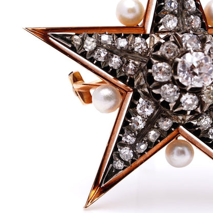 Antique Victorian Old Mine Cut Diamond and Pearl Star Brooch