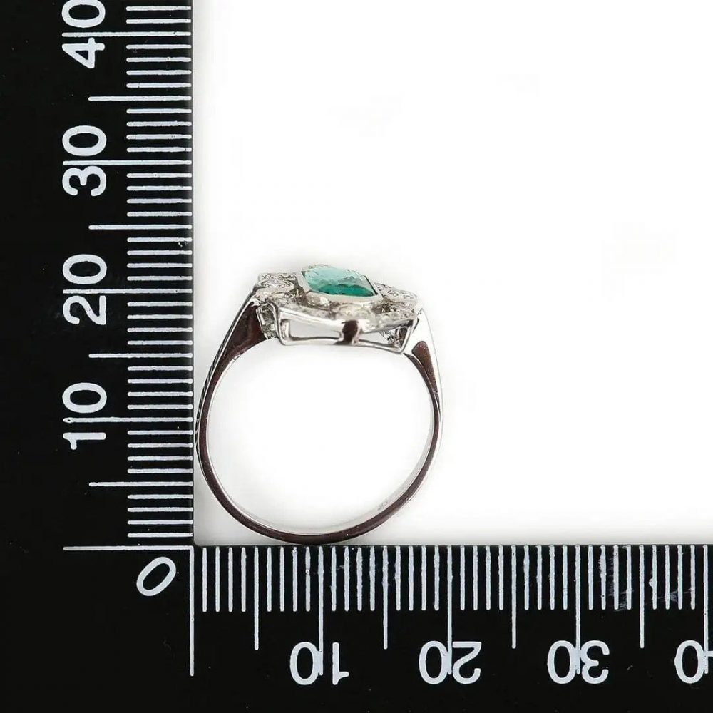 Art Deco Style 1ct Emerald and Diamond Halo Cluster Dress Ring in Platinum