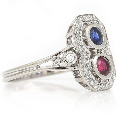 Vintage Boodles Sapphire Ruby Diamond Two Stone Plaque Ring