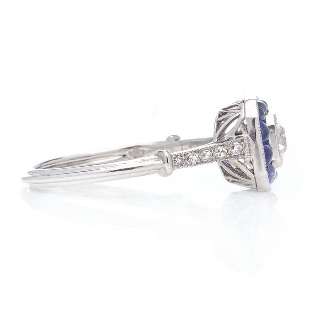 Art Deco Inspired Old European Cut Diamond and Sapphire Cluster Engagement Ring in Platinum