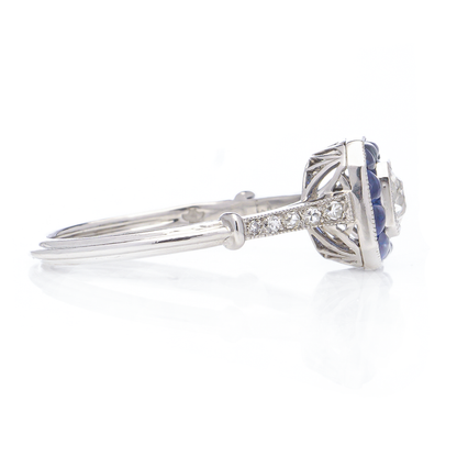 Art Deco Inspired Old European Cut Diamond and Sapphire Cluster Engagement Ring in Platinum