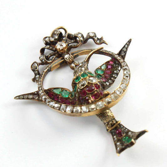 Antique Early Victorian Old Cut Diamond, Ruby and Emerald Mockingbird Pendant