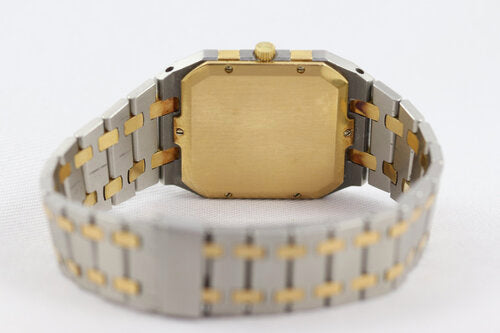 Audemars Piguet Royal Oak Square Steel and Gold 32mm Quartz Watch; gold bezel, silver/grey textured dial, baton hour markers, on a steel and gold bracelet strap with an Audemars Piguet fold-over clasp.