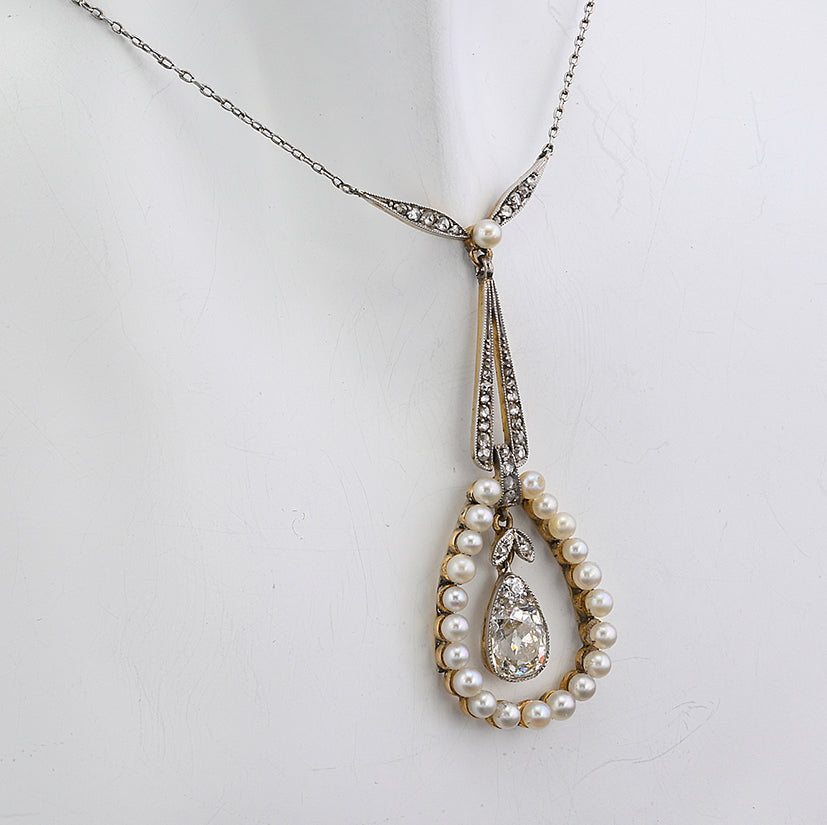 Antique Edwardian 1.20ct Pear Shaped Cushion Cut Diamond and Natural Pearl Cluster Pendant Necklace