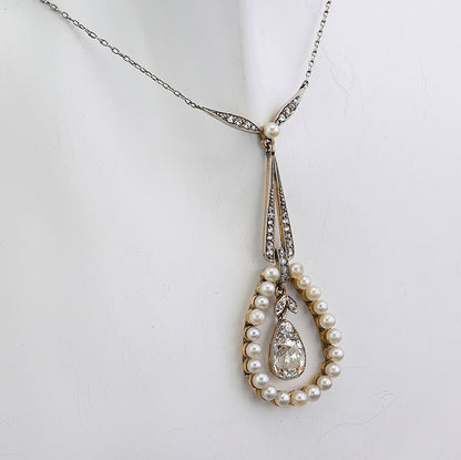 Antique Edwardian 1.20ct Pear Shaped Cushion Cut Diamond and Natural Pearl Cluster Pendant Necklace