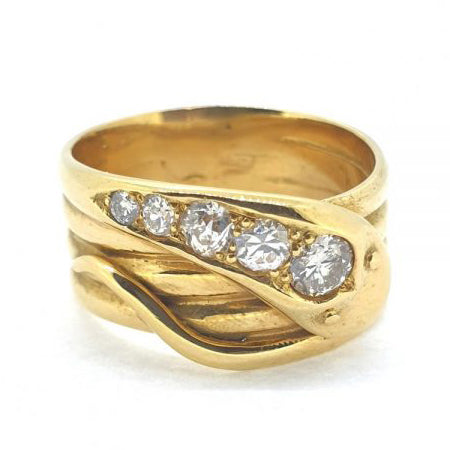 18ct Yellow Gold Coiled Serpent Band Ring Diamond Head