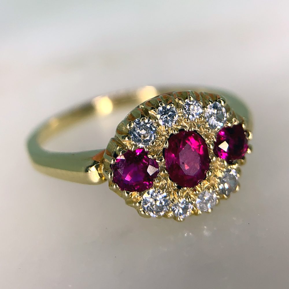 Edwardian 18ct yellow gold diamond and ruby cluster ring