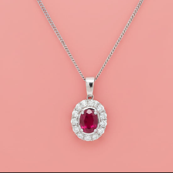 18ct White Gold Oval Ruby and Diamond Pendant