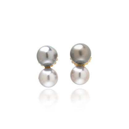 A pair of two stone grey and white pearl drop earrings in yellow gold