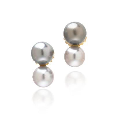 A pair of two stone grey and white pearl drop earrings in yellow gold