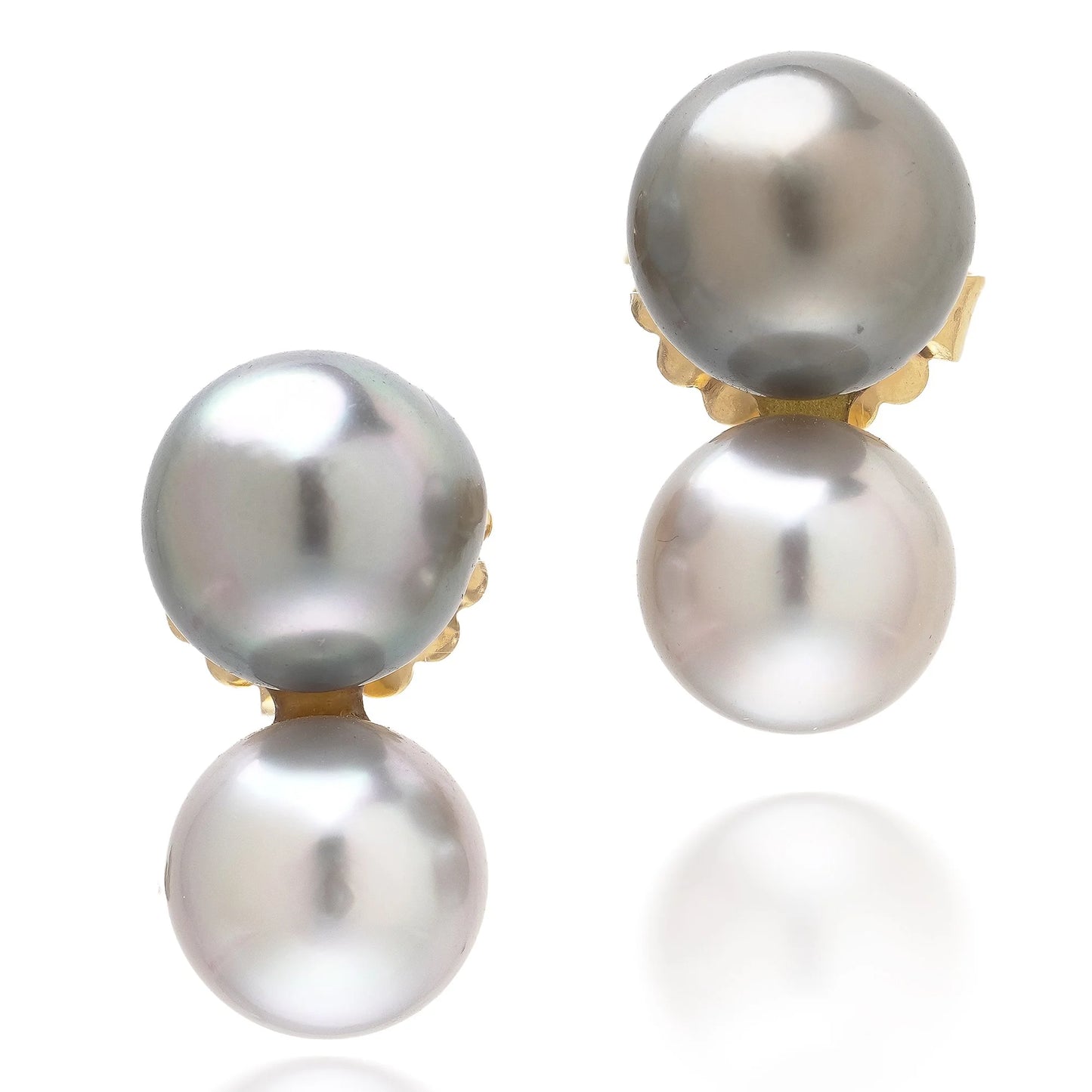 A pair of two stone grey and white pearl drop earrings in yellow gold