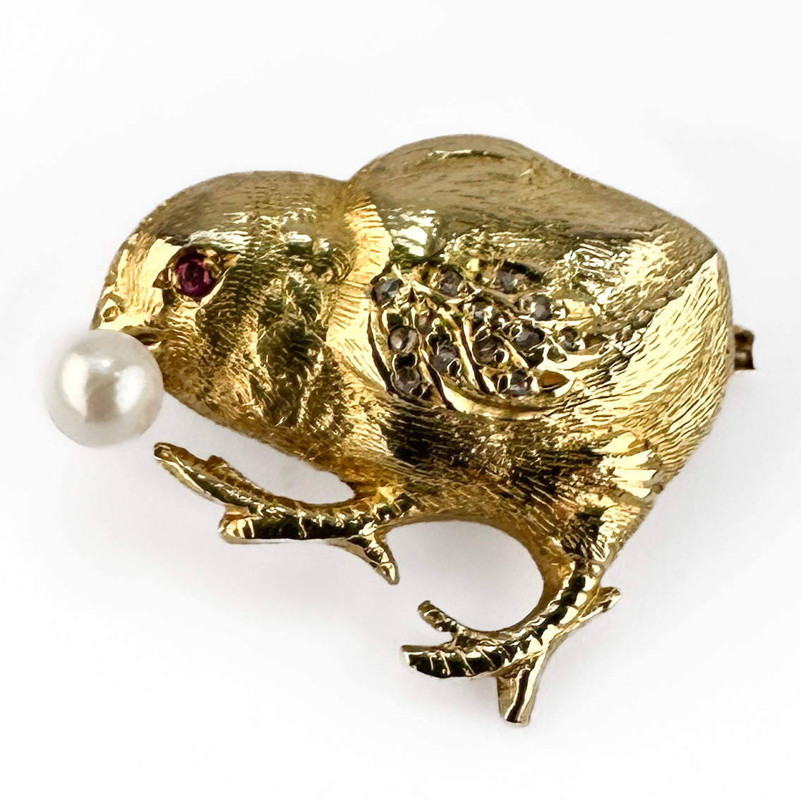 Vintage 18ct Yellow Gold Chick Brooch with Pearl Ruby Diamond