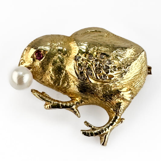 Vintage 18ct Yellow Gold Chick Brooch with Pearl Ruby Diamond