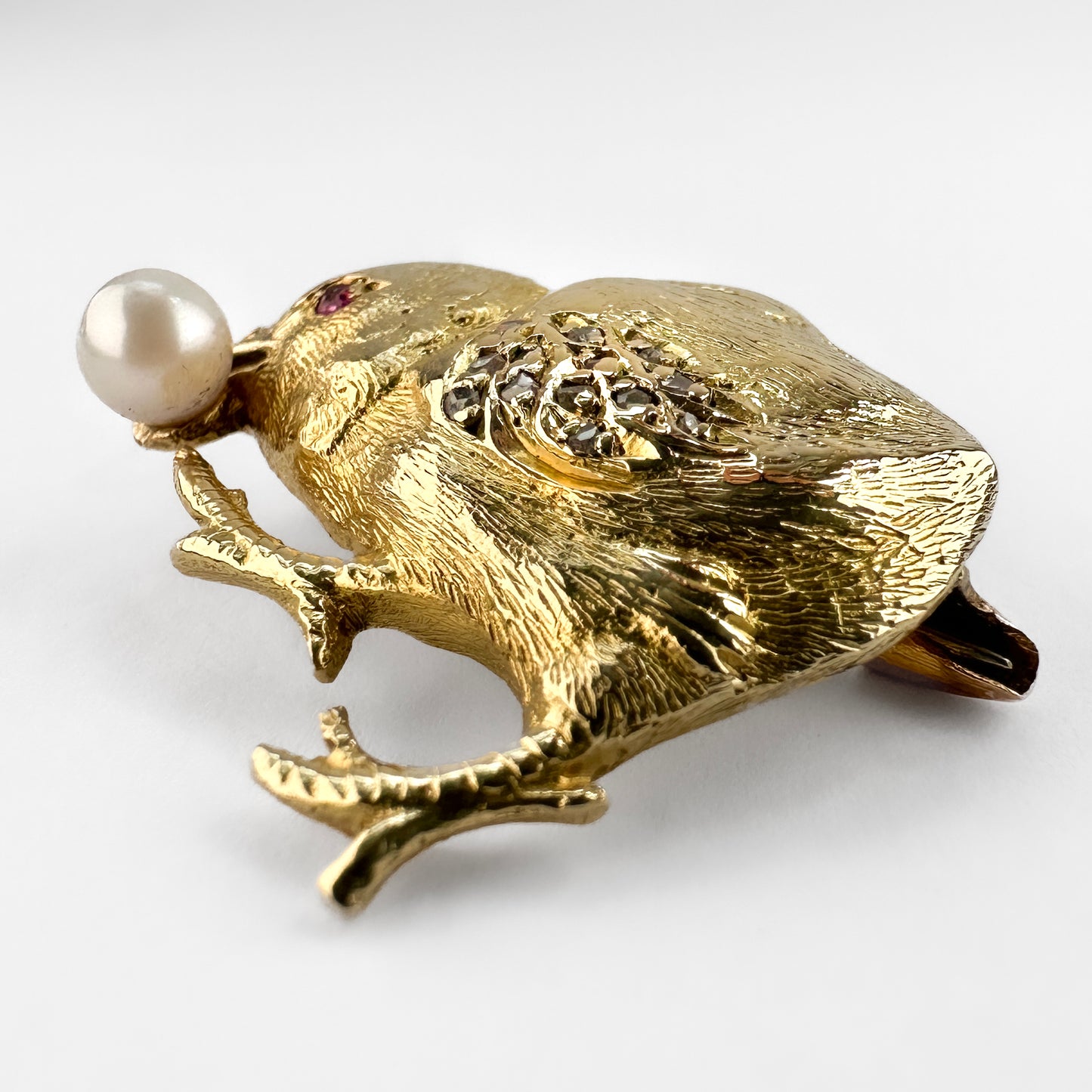 Vintage 18ct Yellow Gold Chick Brooch with Pearl Ruby Diamond