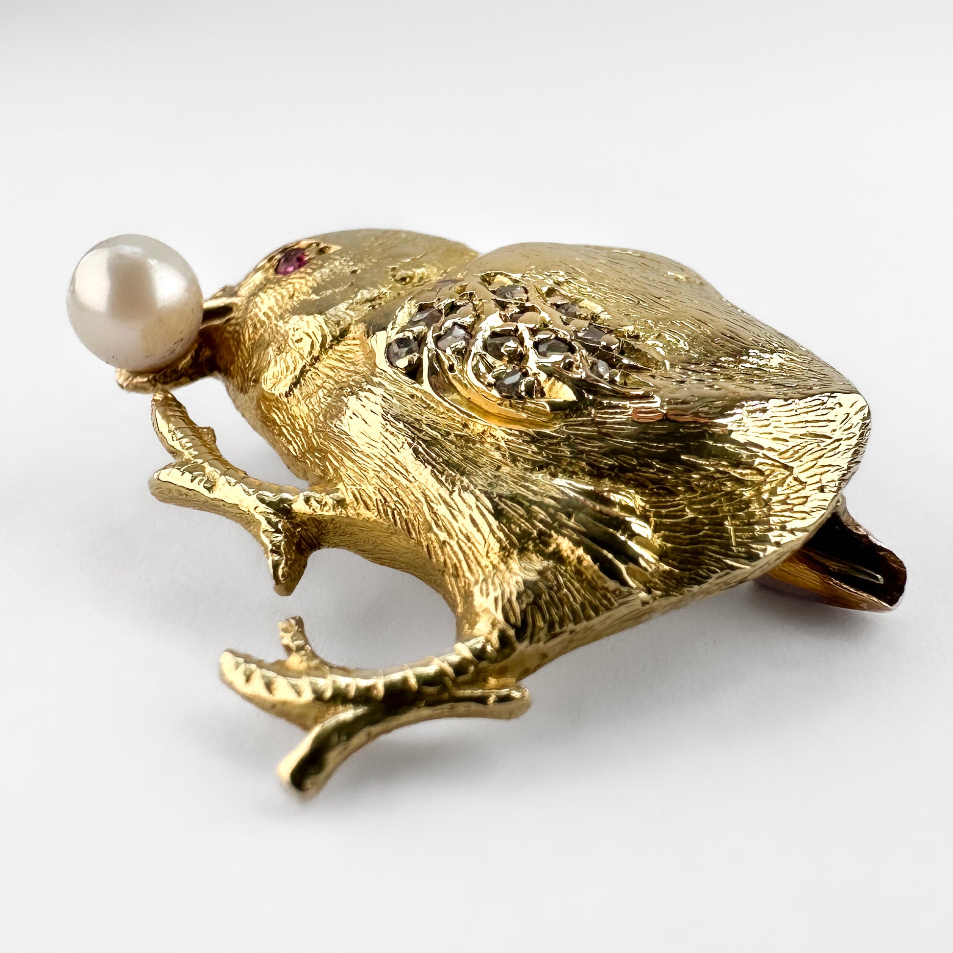 Vintage 18ct Yellow Gold Chick Brooch with Pearl Ruby Diamond