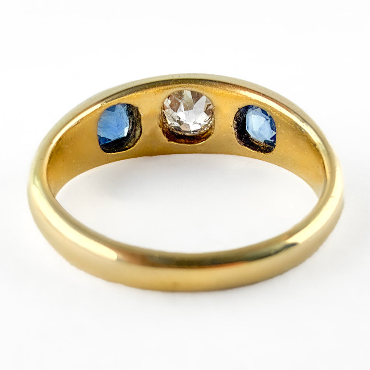 Late Victorian Antique Old Cut Diamond and Sapphire Three Stone Gypsy Ring