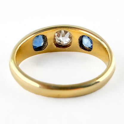 Late Victorian Antique Old Cut Diamond and Sapphire Three Stone Gypsy Ring