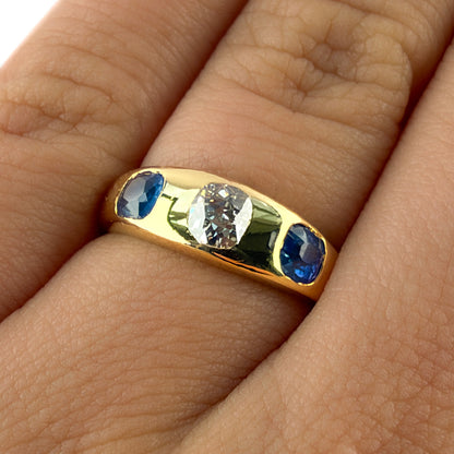 Late Victorian Antique Old Cut Diamond and Sapphire Three Stone Gypsy Ring