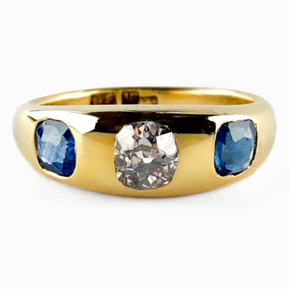 Late Victorian Antique Old Cut Diamond and Sapphire Three Stone Gypsy Ring