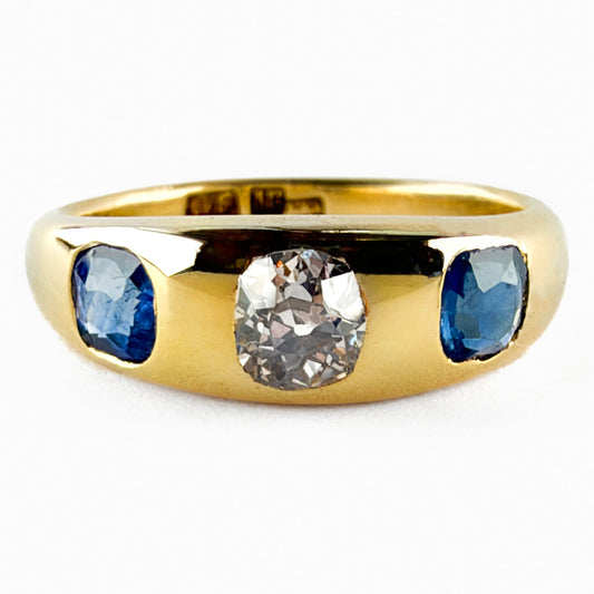 Late Victorian Antique Old Cut Diamond and Sapphire Three Stone Gypsy Ring