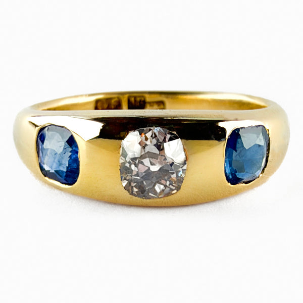 Late Victorian Antique Old Cut Diamond and Sapphire Three Stone Gypsy Ring