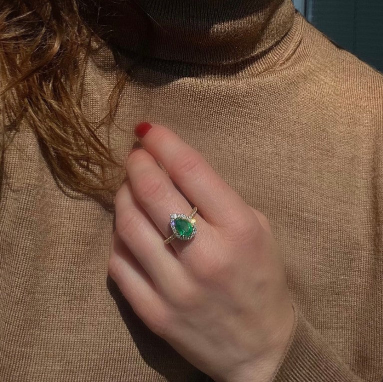 1.60ct Pear Cut Emerald and Diamond Cluster Engagement Ring in 18ct Yellow Gold