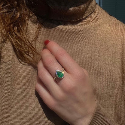 1.60ct Pear Cut Emerald and Diamond Cluster Engagement Ring in 18ct Yellow Gold