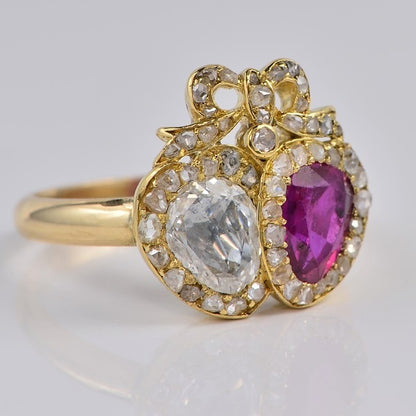 Georgian Antique Burma Ruby and Old Cut Diamond Double Heart Cluster Sweetheart Ring