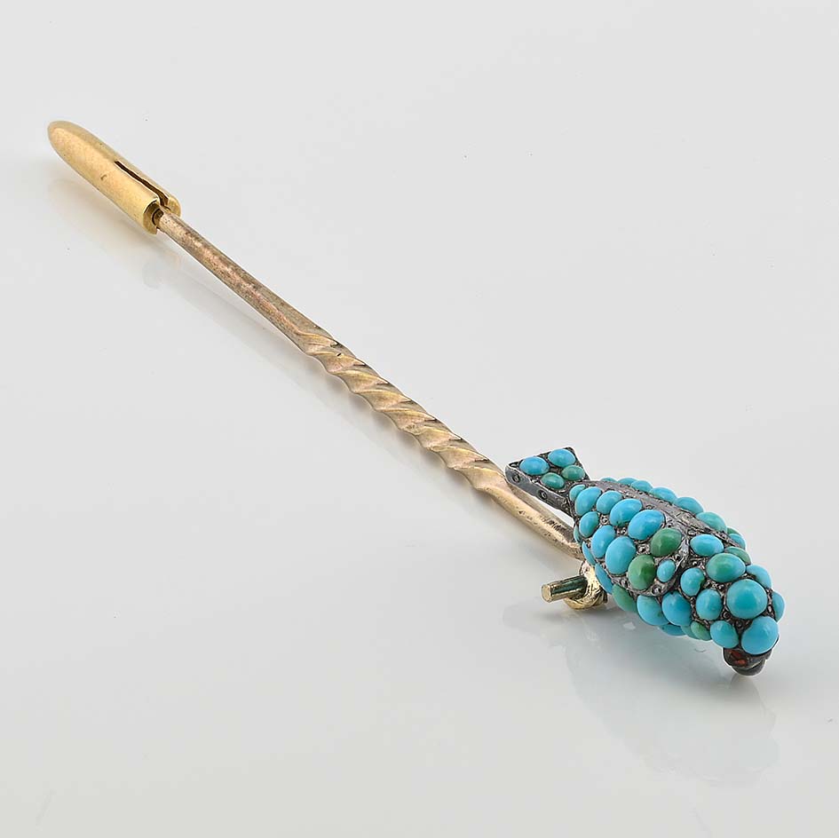 Early Victorian Antique Turquoise Parrot Stick Pin Brooch with Ruby Eyes, Late 19th century Circa 1840